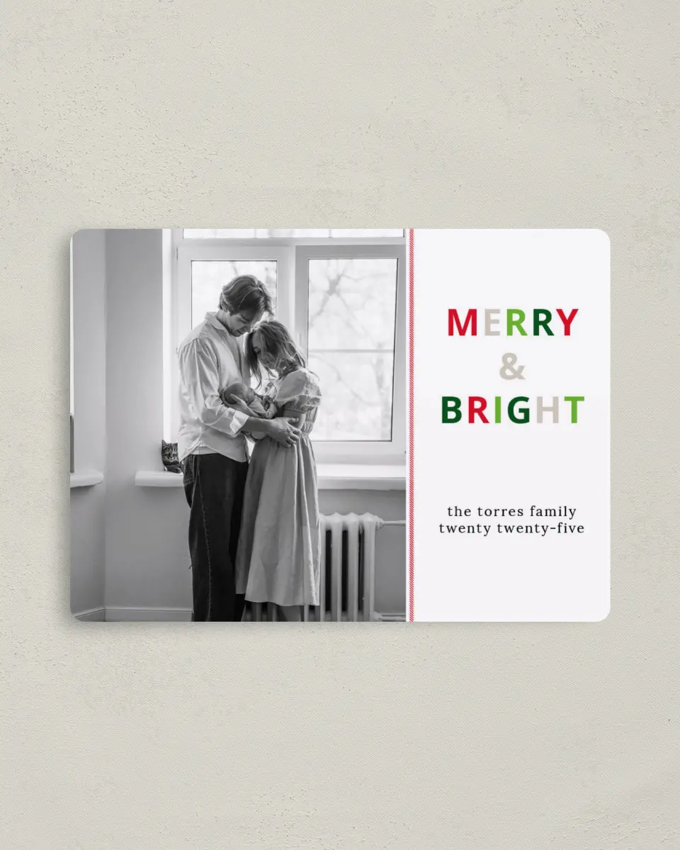 This is a 4" x 5½" Christmas Card called Bright Moments printed in full color with a Luxe Satin finish
