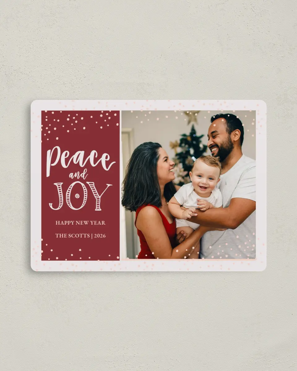 This is a 4" x 5½" Christmas Card called Snowy Peace printed in full color with Silver foil and a Luxe Satin finish
