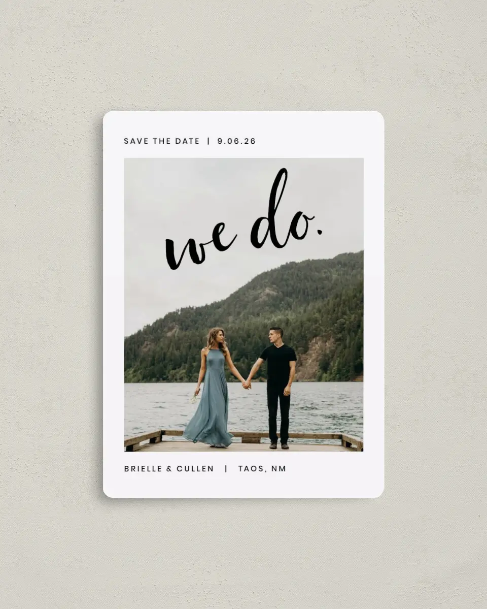 This is a 4" x 5½" Save the Date Magnet called Written printed in full color with Rose Gold foil and a Luxe Satin finish