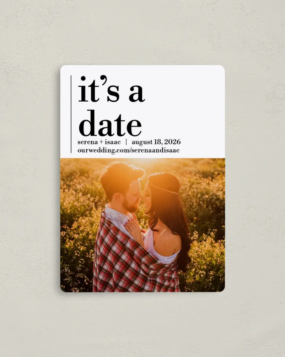 This is a 4" x 5½" Save the Date Magnet called Simple Truth printed in full color with a Luxe Satin finish