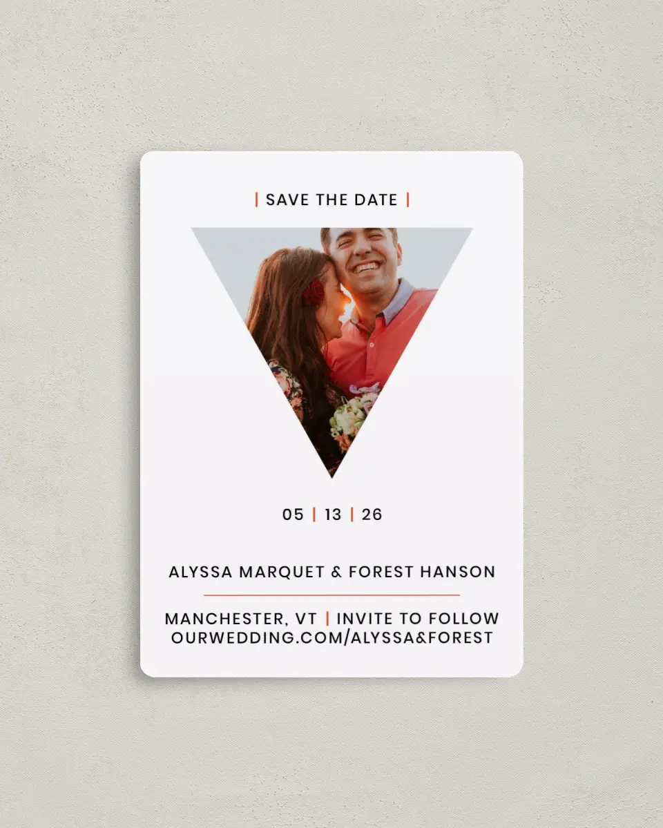 This is a 4" x 5½" Save the Date Magnet called Triangle Crush printed in full color with Rose Gold foil and a Luxe Satin finish