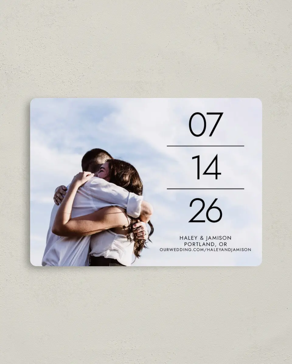 This is a 4" x 5½" Save the Date Magnet called In the Lines printed in full color with a Luxe Satin finish