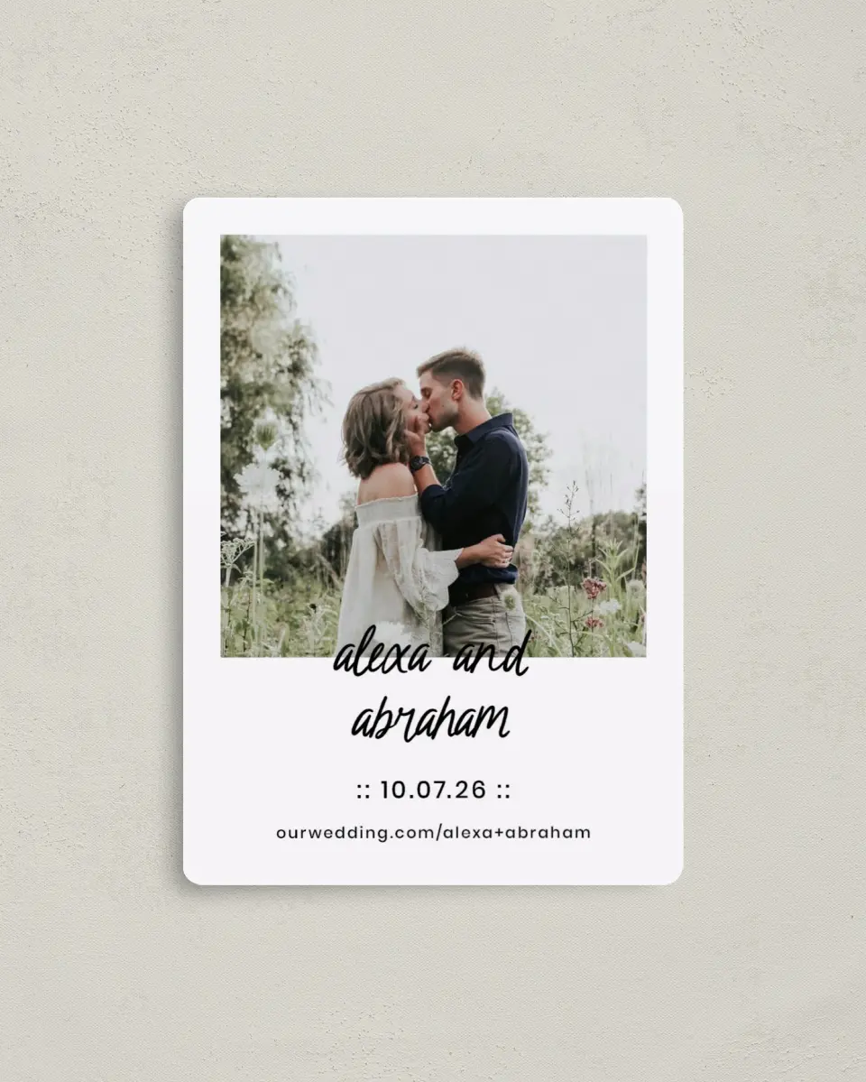 This is a 4" x 5½" Save the Date Magnet called Simple Things printed in full color with a Luxe Satin finish