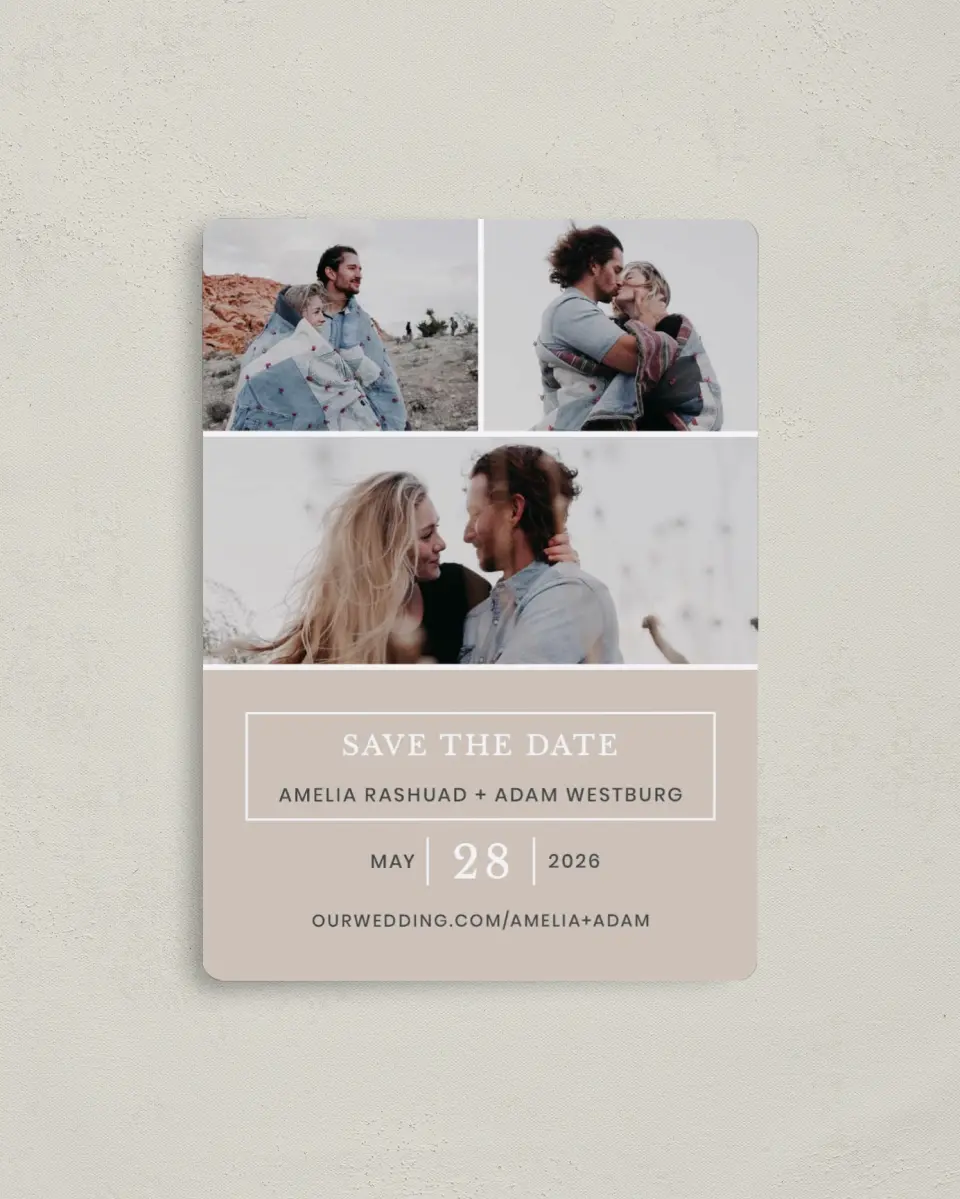 This is a 4" x 5½" Save the Date Magnet called Sweetly Cozy printed in full color with a Luxe Satin finish