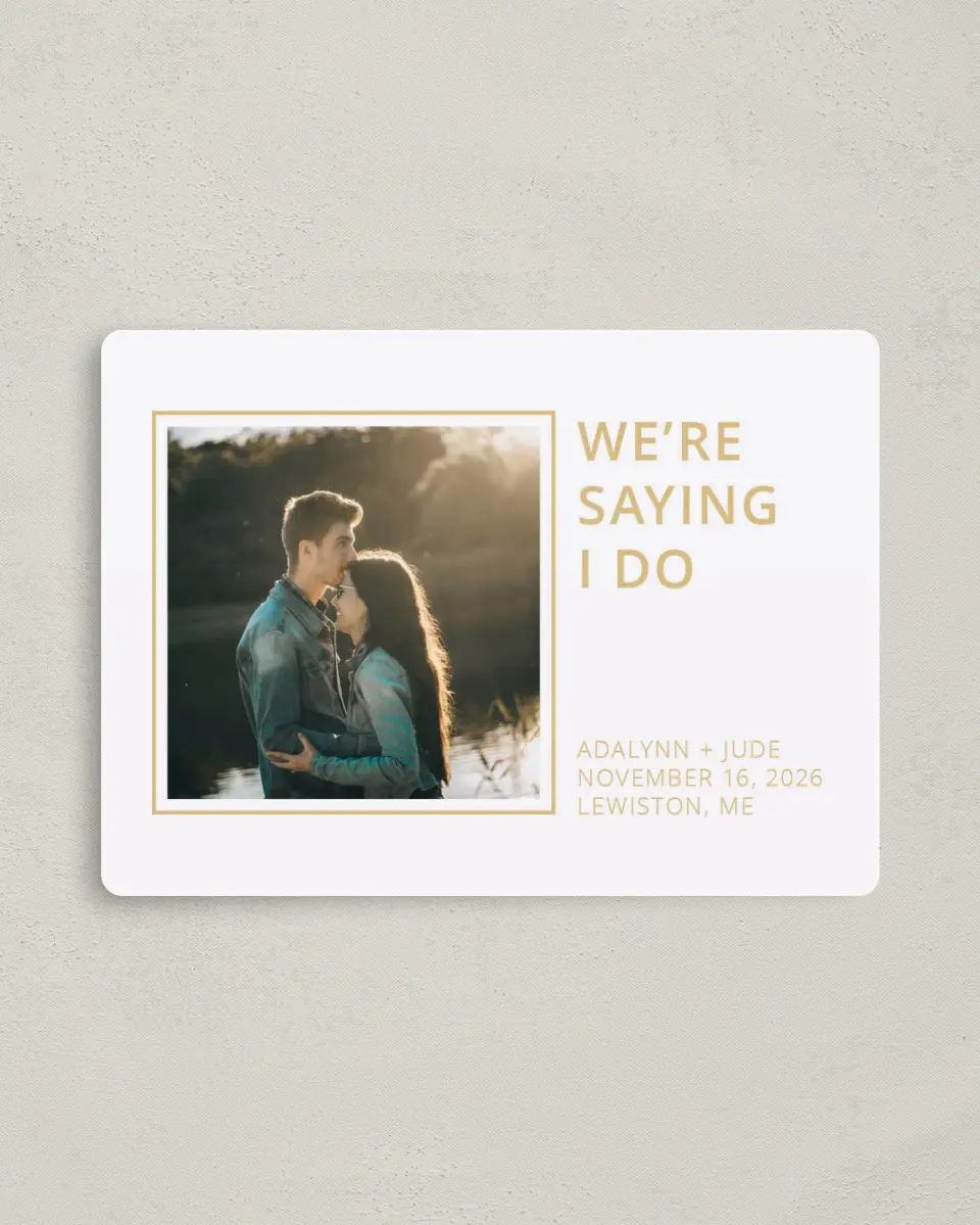 This is a 4" x 5½" Save the Date Magnet called We're Doing It printed in full color with a Luxe Satin finish