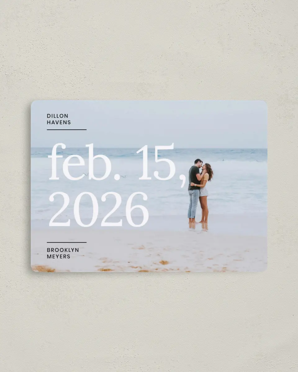 This is a 4" x 5½" Save the Date Magnet called Daydreams printed in full color with a Luxe Satin finish