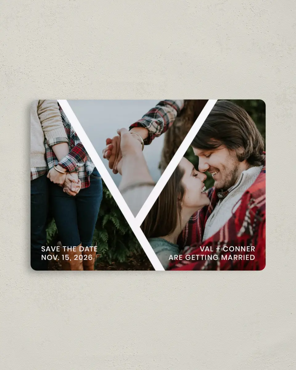 This is a 4" x 5½" Save the Date Magnet called Criss Cross Crush printed in full color with Rose Gold foil and a Luxe Satin finish