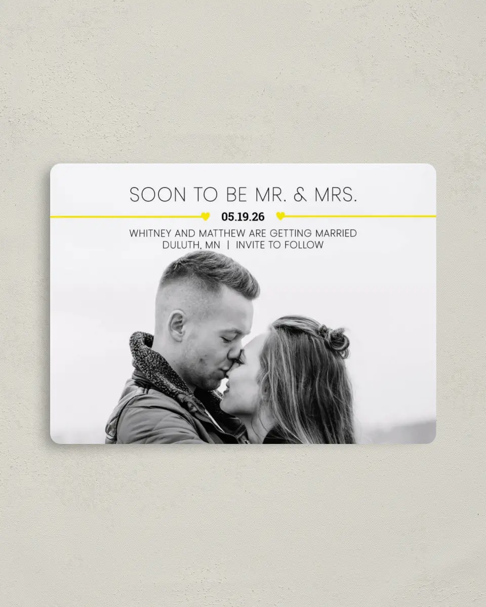 This is a 4" x 5½" Save the Date Magnet called Hearts Flying printed in full color with a Luxe Satin finish