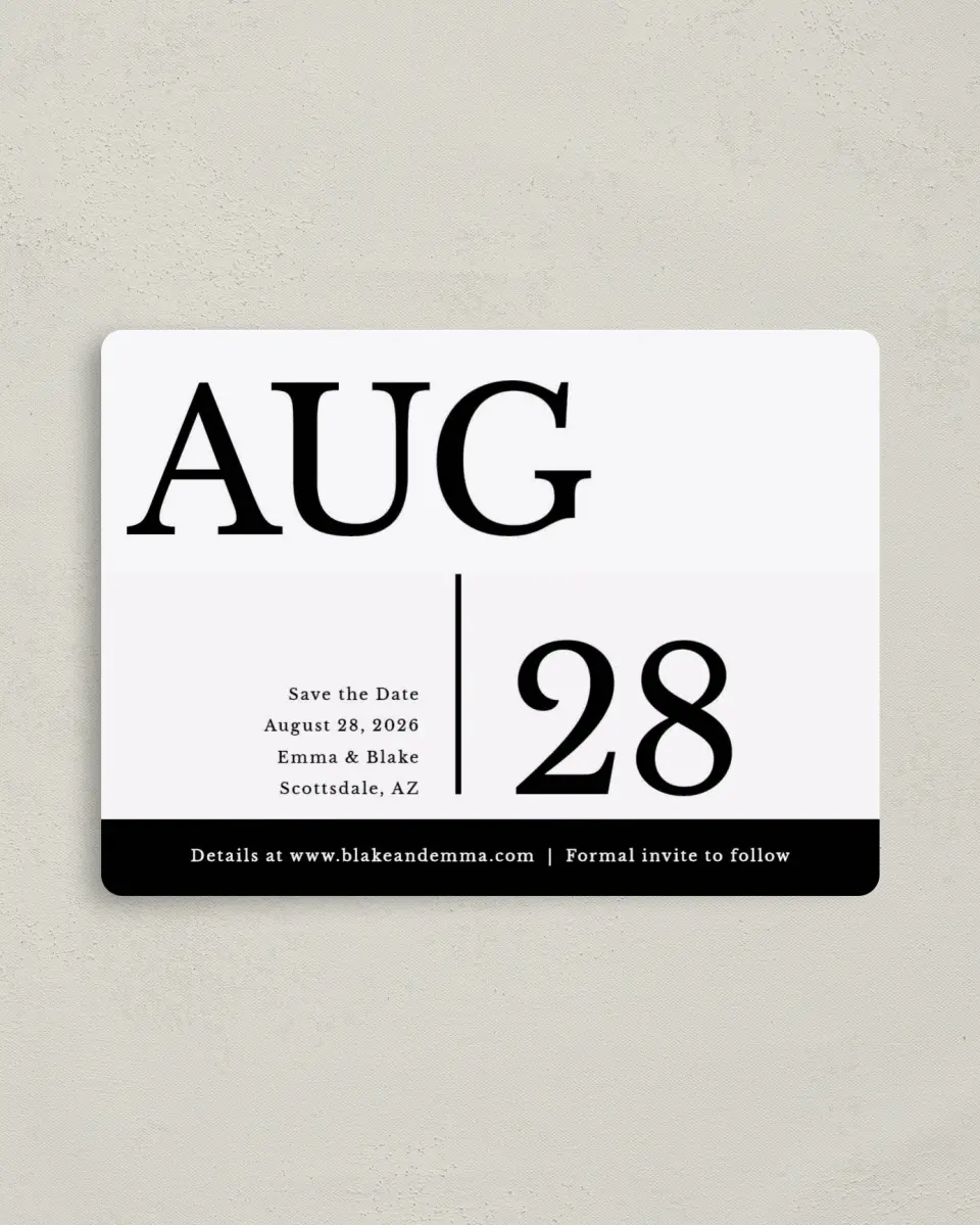 This is a 4" x 5½" Save the Date Magnet called Our Date is Set printed in full color with a Luxe Satin finish