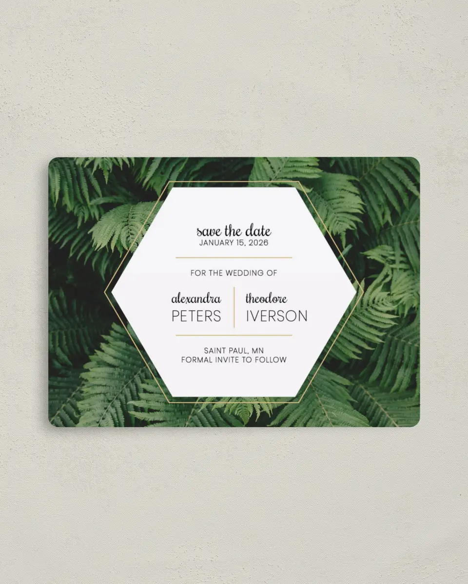 This is a 4" x 5½" Save the Date Magnet called Simply Striking printed in full color with a Luxe Satin finish
