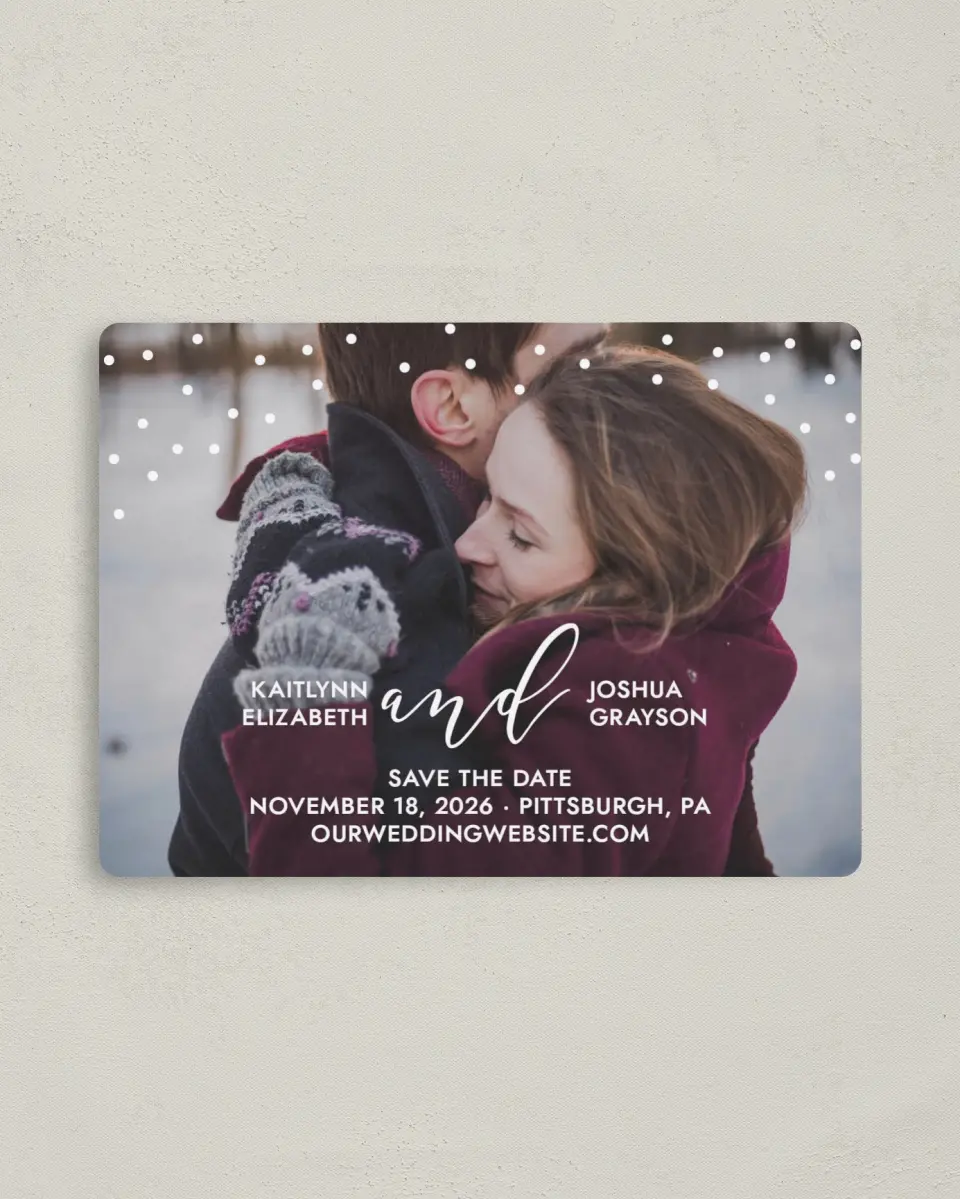 This is a 4" x 5½" Save the Date Magnet called Brushed Confetti printed in full color with a Luxe Satin finish