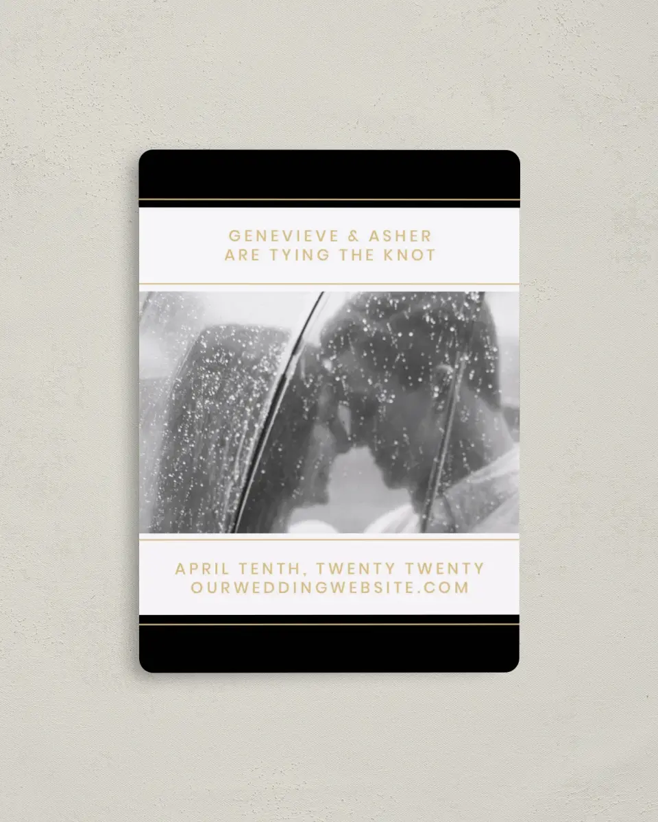 This is a 4" x 5½" Save the Date Magnet called Bold Intrigue printed in full color with a Luxe Satin finish