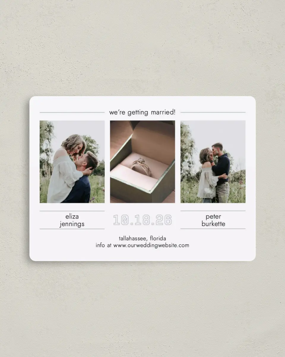 This is a 4" x 5½" Save the Date Magnet called Happy Tracks printed in full color with a Luxe Satin finish