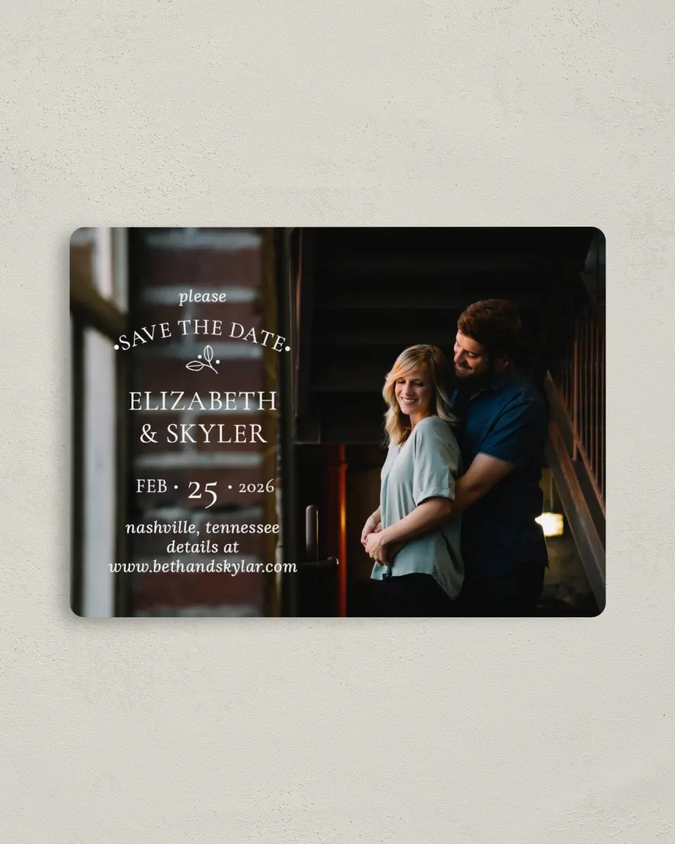 This is a 4" x 5½" Save the Date Magnet called Whimsy Romance printed in full color with a Luxe Satin finish