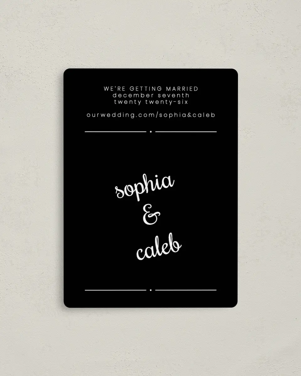 This is a 4" x 5½" Save the Date Magnet called Sweetly Scripted printed in full color with a Luxe Satin finish