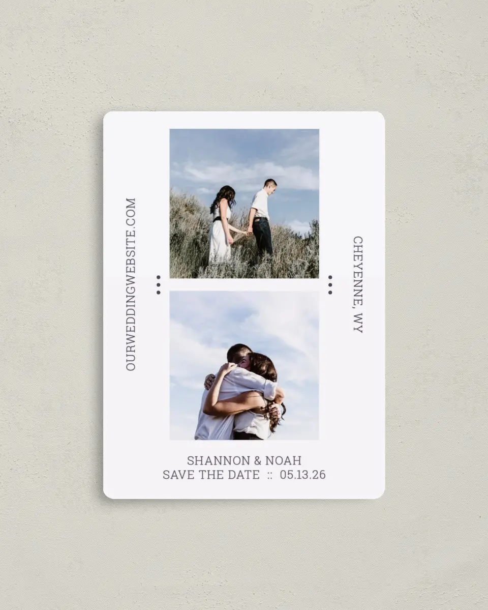 This is a 4" x 5½" Save the Date Magnet called Only Us printed in full color with a Luxe Satin finish
