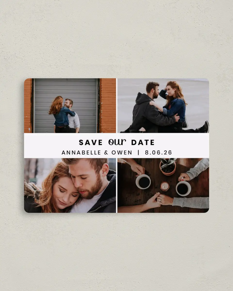 This is a 4" x 5½" Save the Date Magnet called Headliner Love printed in full color with a Luxe Satin finish