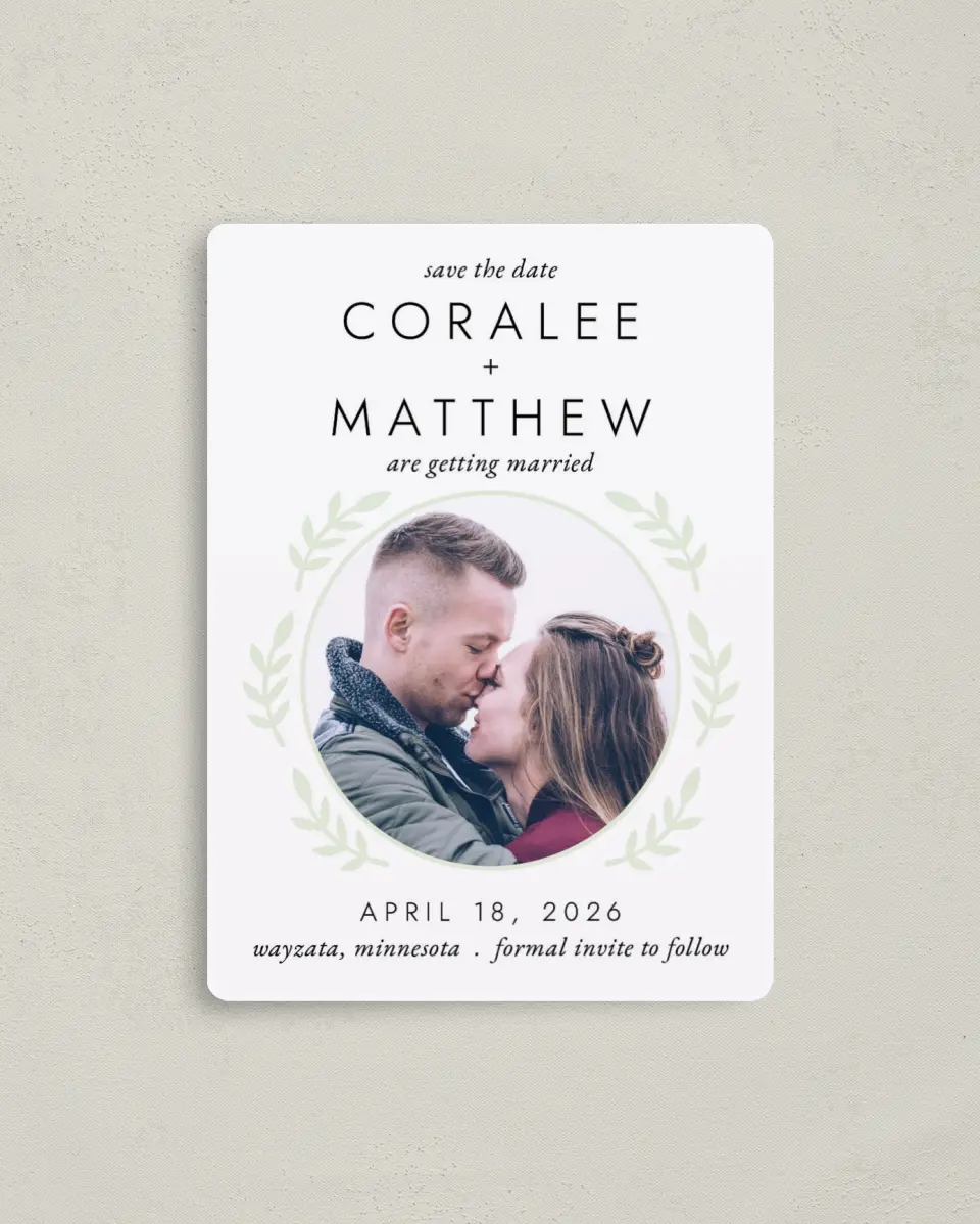 This is a 4" x 5½" Save the Date Magnet called Simply Bliss printed in full color with a Luxe Satin finish