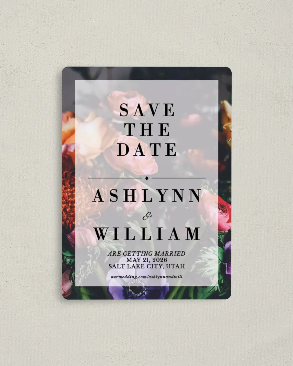 This is a 4" x 5½" Save the Date Magnet called Border Bloom printed in full color with a Luxe Satin finish