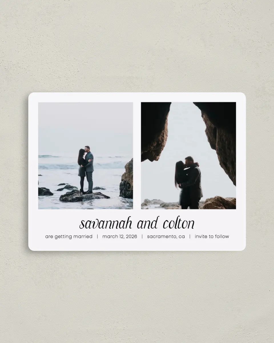 This is a 4" x 5½" Save the Date Magnet called Happening! printed in full color with a Luxe Satin finish