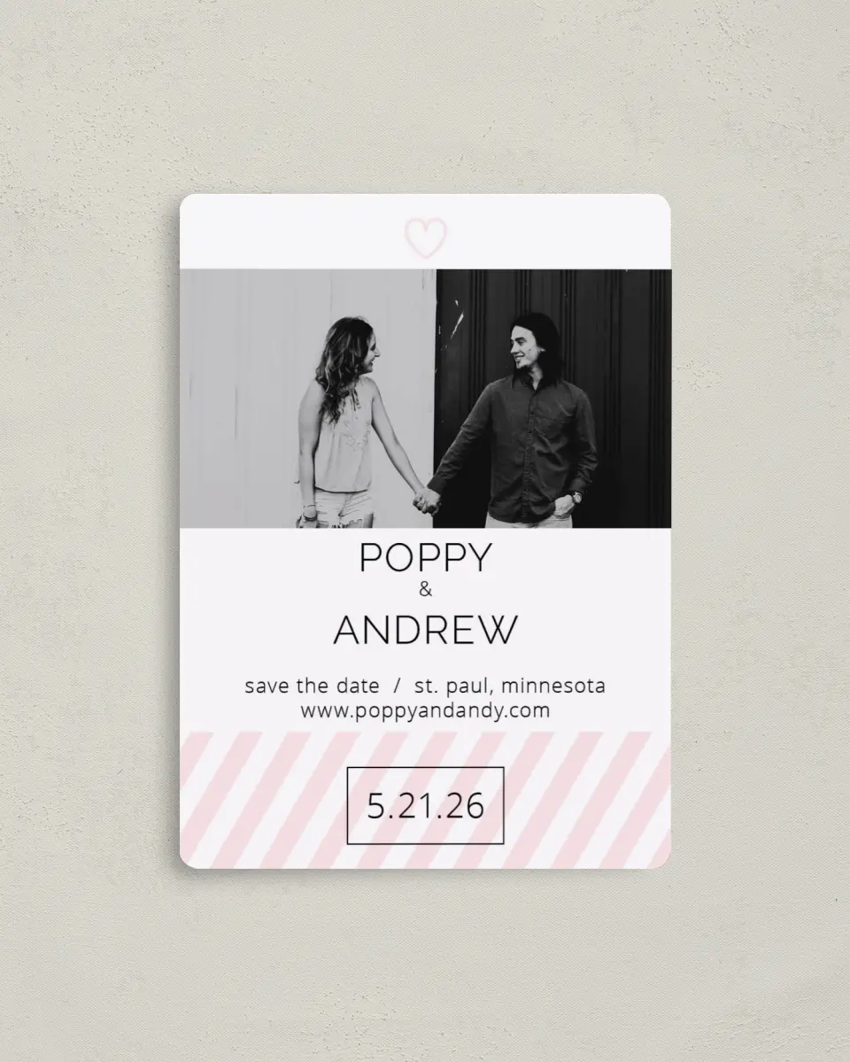 This is a 4" x 5½" Save the Date Magnet called Love at Last printed in full color with a Luxe Satin finish