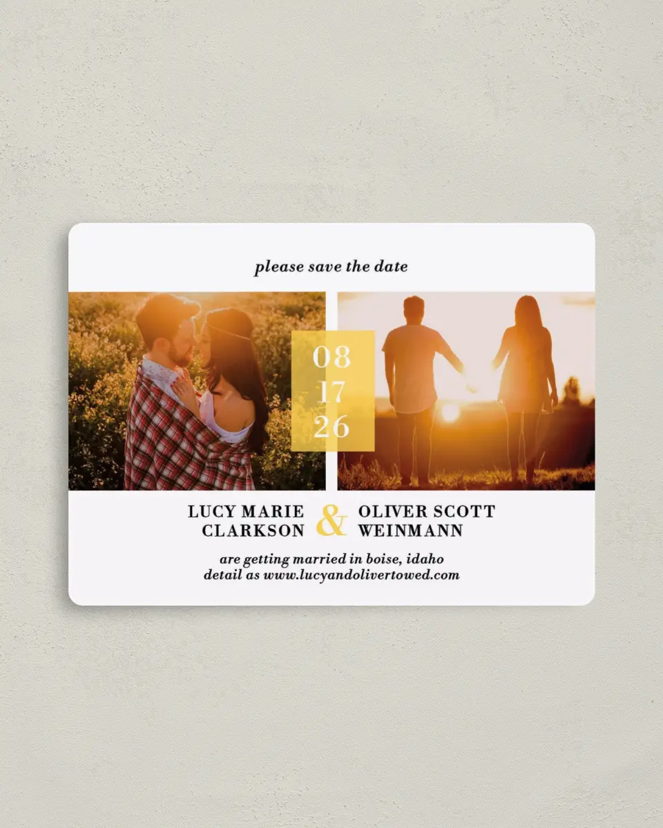 This is a 4" x 5½" Save the Date Magnet called Love + Sunshine printed in full color with a Luxe Satin finish