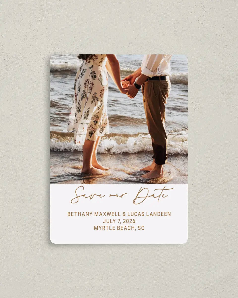 This is a 4" x 5½" Save the Date Magnet called Forever Stylish printed in full color with a Luxe Satin finish