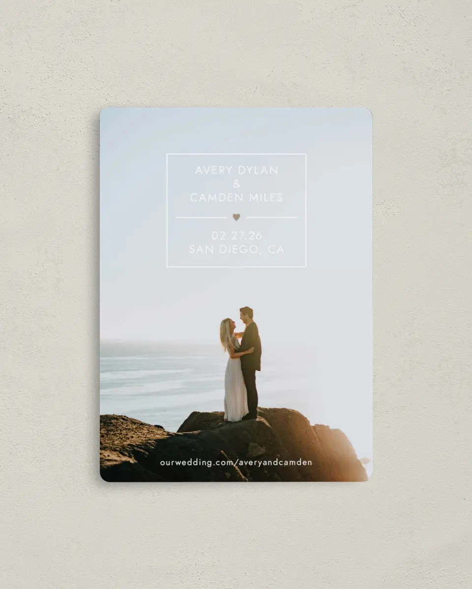 This is a 4" x 5½" Save the Date Magnet called Majestic Heart printed in full color with a Luxe Satin finish