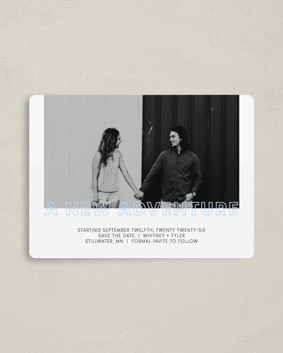 This is a 4" x 5½" Save the Date Magnet called Love is an Adventure printed in full color with Rose Gold foil and a Luxe Satin finish
