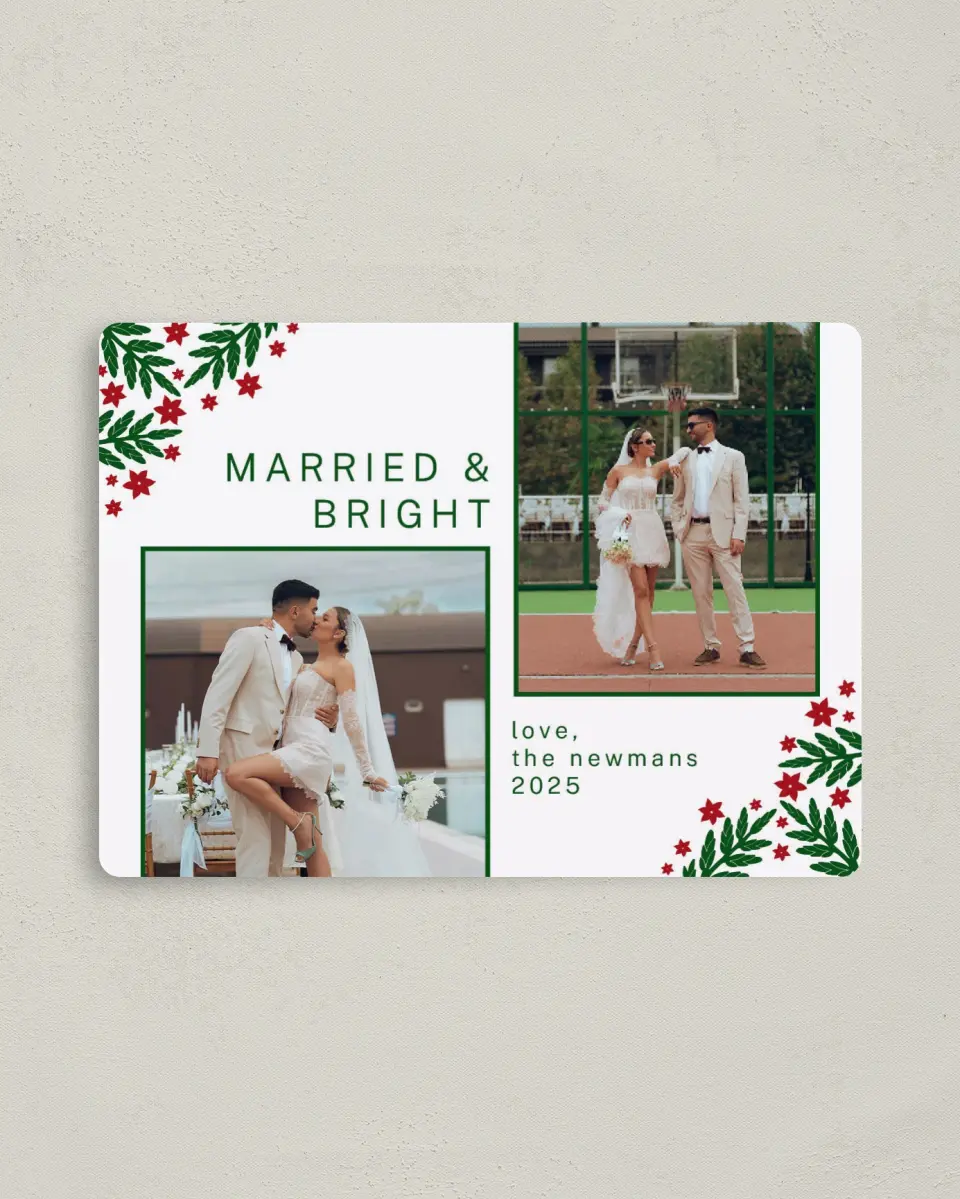This is a 4" x 5½" Christmas Card called Berry Joy printed in full color with Rose Gold foil and a Luxe Satin finish