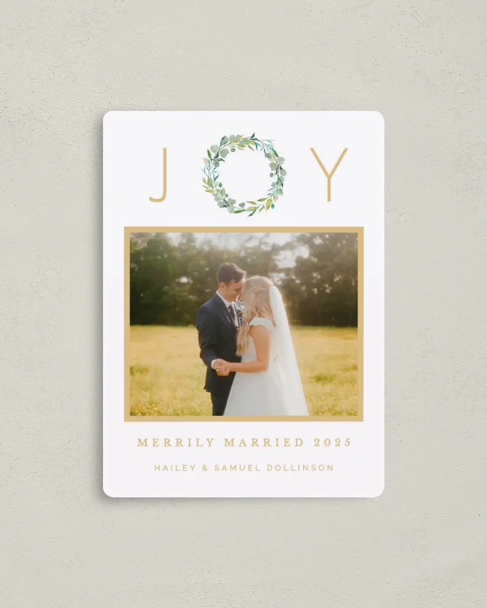 This is a 4" x 5½" Christmas Card called Patina Wreath printed in full color with a Luxe Satin finish