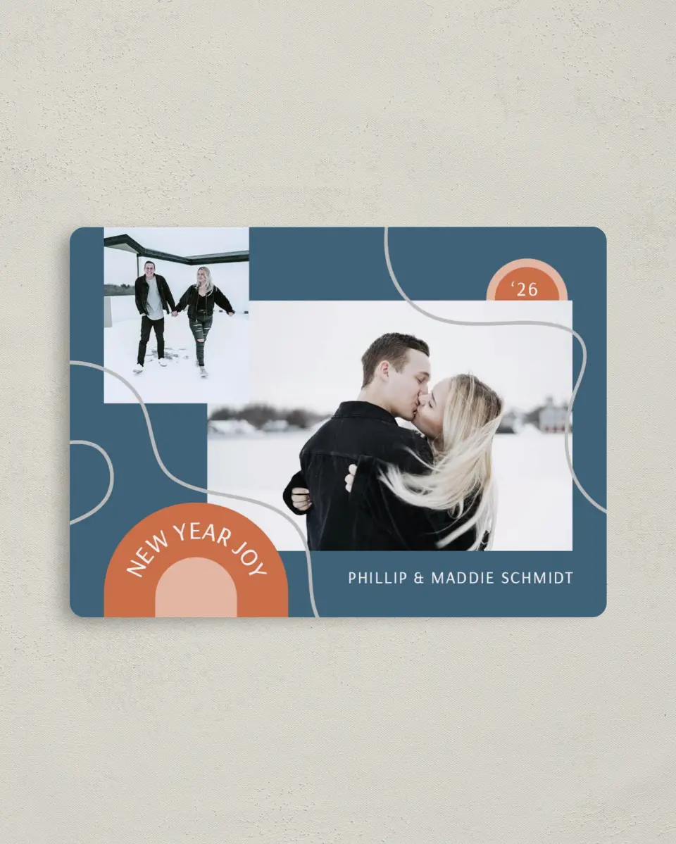 This is a 4" x 5½" Christmas Card called New Year Joy printed in full color with a Luxe Satin finish