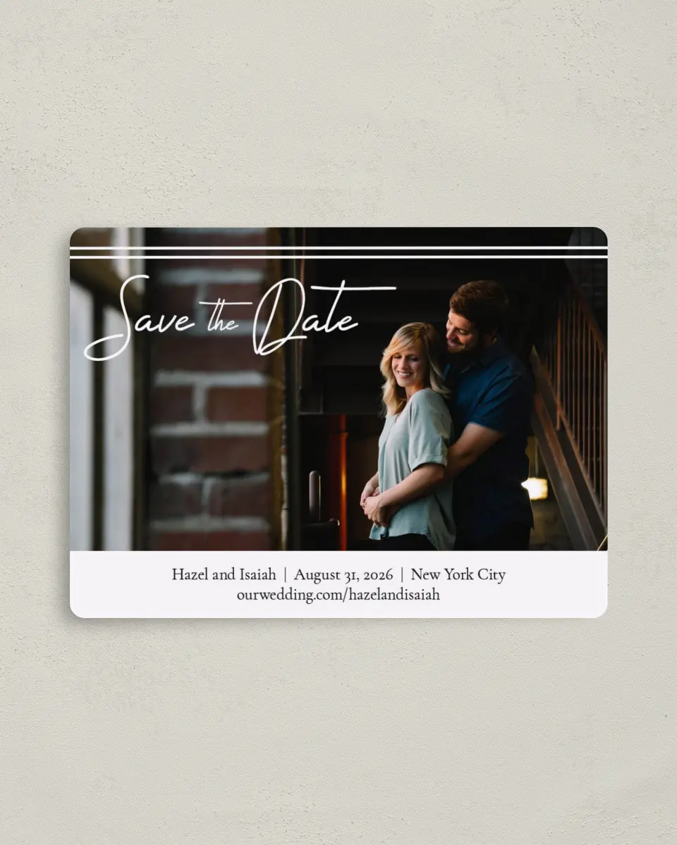 This is a 4" x 5½" Save the Date Magnet called Exquisite Date printed in full color with Rose Gold foil and a Luxe Satin finish