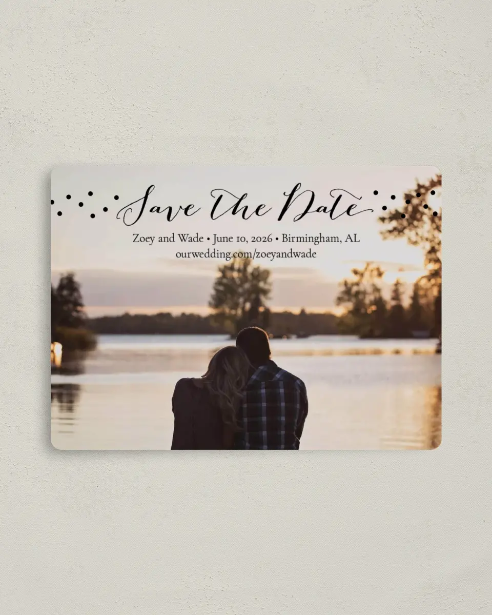 This is a 4" x 5½" Save the Date Magnet called Crafty Dots printed in full color with Rose Gold foil and a Luxe Satin finish