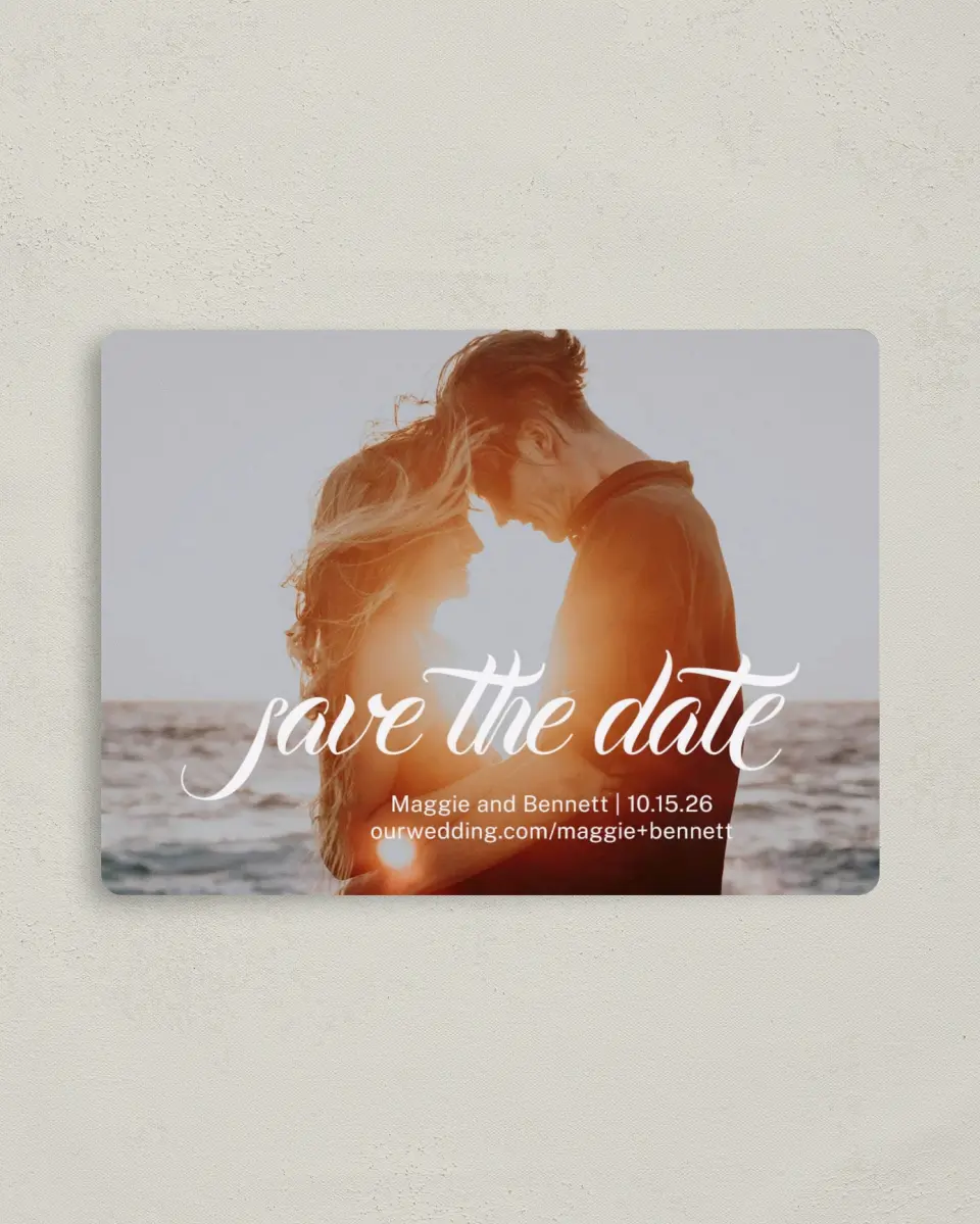 This is a 4" x 5½" Save the Date Magnet called Our Paradise printed in full color with Rose Gold foil and a Luxe Satin finish