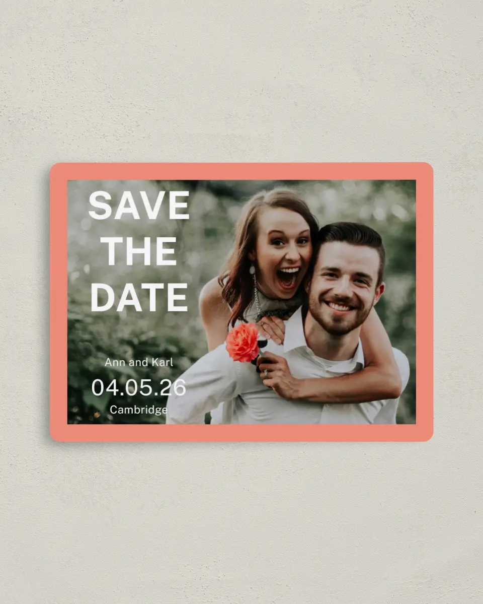 This is a 4" x 5½" Save the Date Magnet called Joyous Expression printed in full color with Rose Gold foil and a Luxe Satin finish