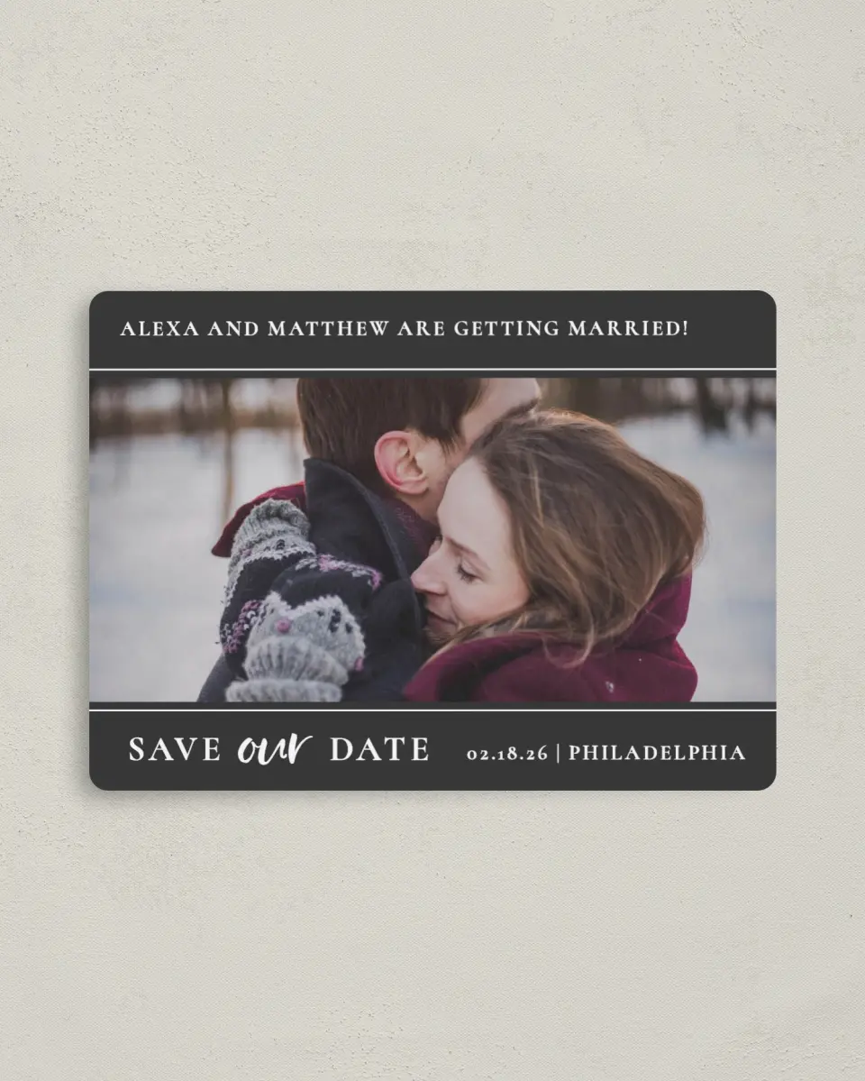 This is a 4" x 5½" Save the Date Magnet called Dashing Date printed in full color with Rose Gold foil and a Luxe Satin finish