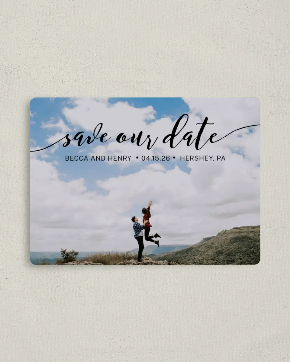 This is a 4" x 5½" Save the Date Magnet called Avid Affection printed in full color with Rose Gold foil and a Luxe Satin finish