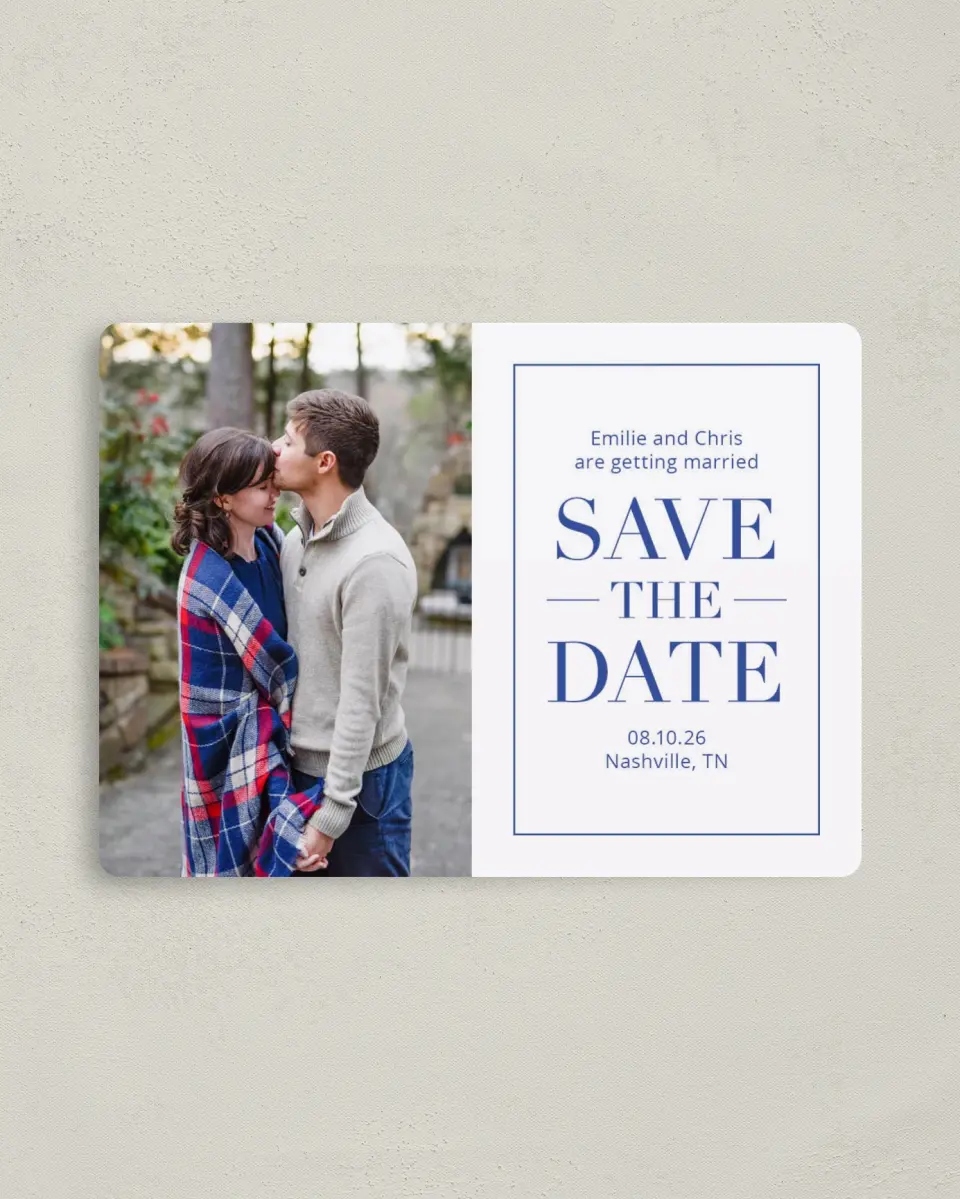 This is a 4" x 5½" Save the Date Magnet called Totally In Love printed in full color with a Luxe Satin finish