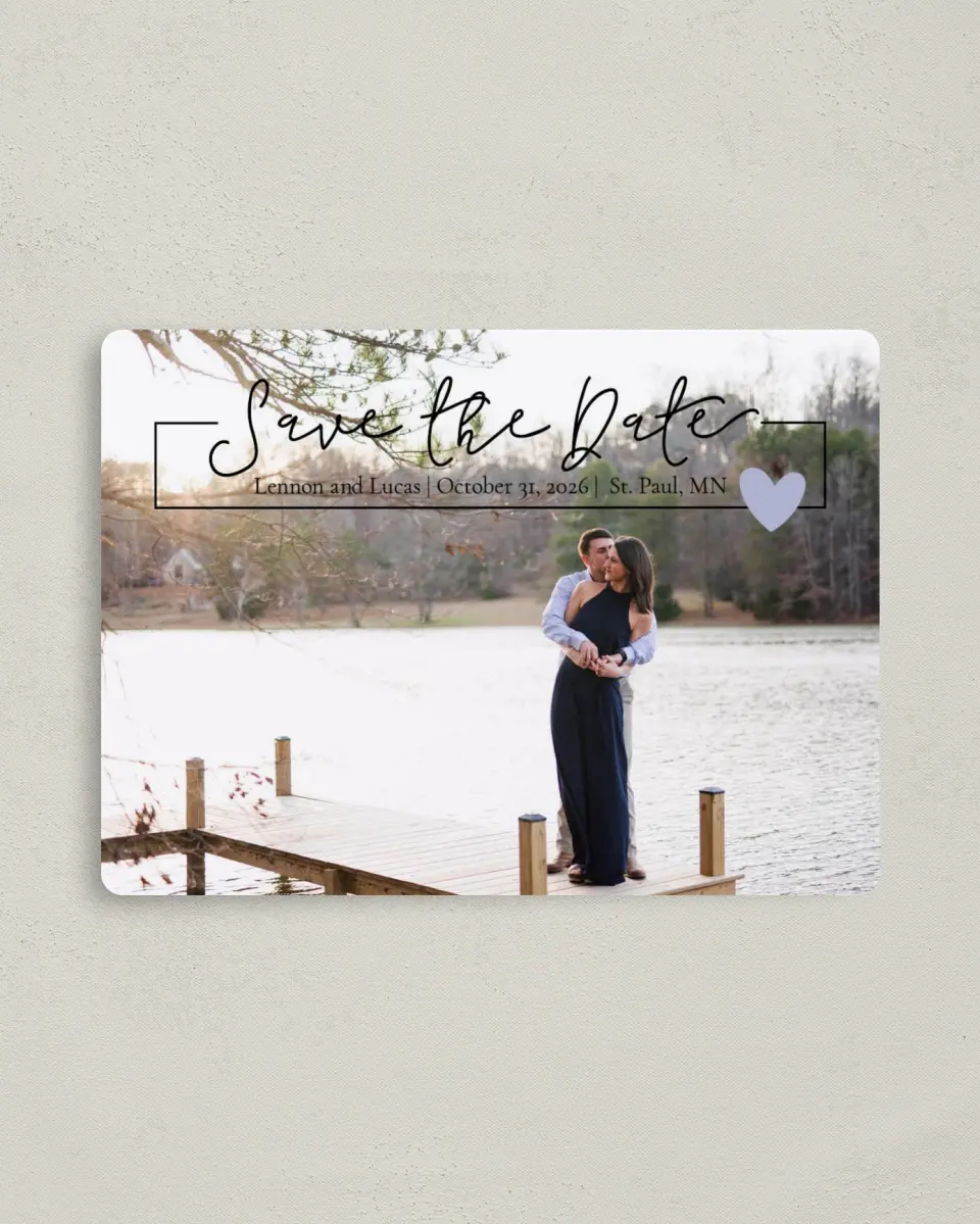 This is a 4" x 5½" Save the Date Magnet called Dancing Hearts printed in full color with a Luxe Satin finish