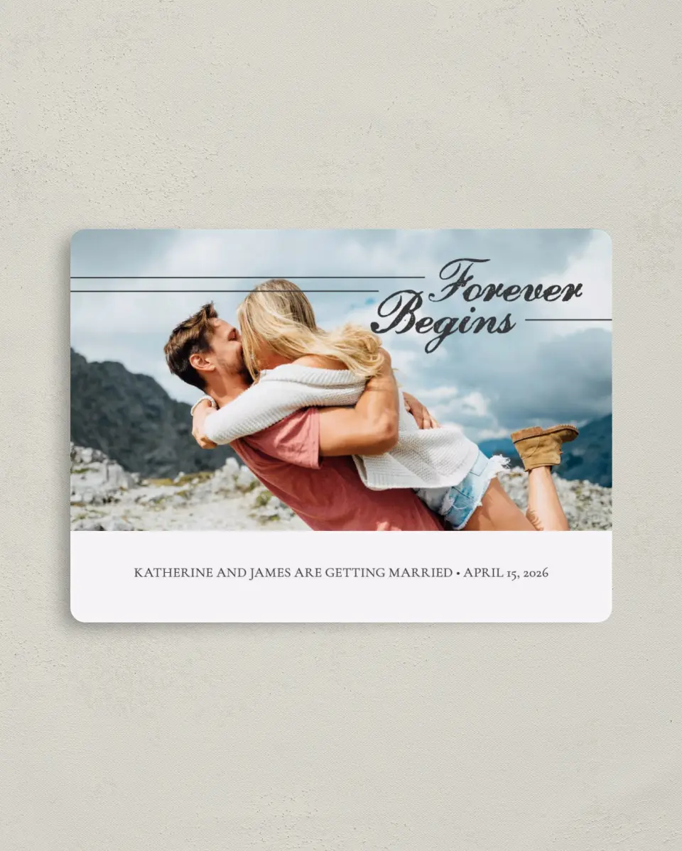 This is a 4" x 5½" Save the Date Magnet called Our Prelude printed in full color with a Luxe Satin finish