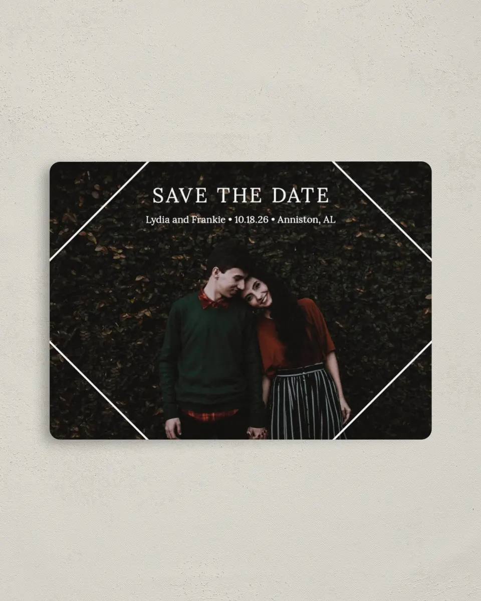 This is a 4" x 5½" Save the Date Magnet called Intertwined Diamond printed in full color with Rose Gold foil and a Luxe Satin finish