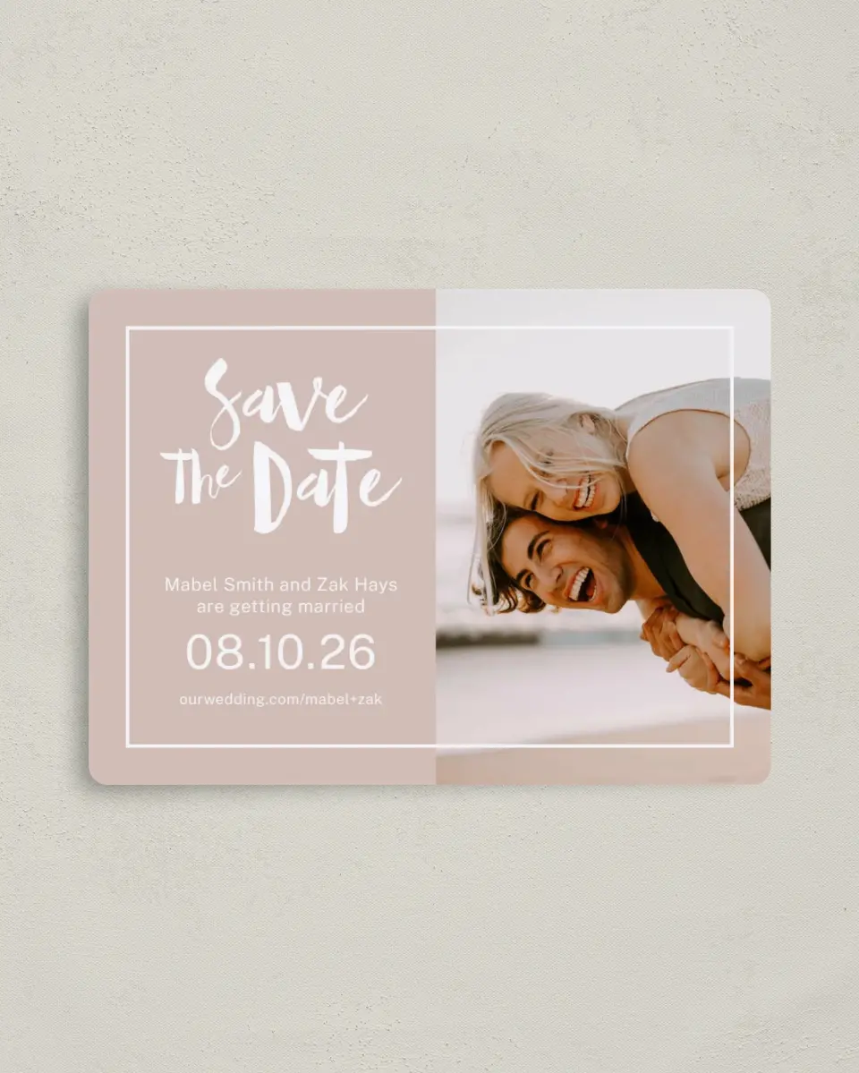 This is a 4" x 5½" Save the Date Magnet called A Perfect Fit printed in full color with a Luxe Satin finish