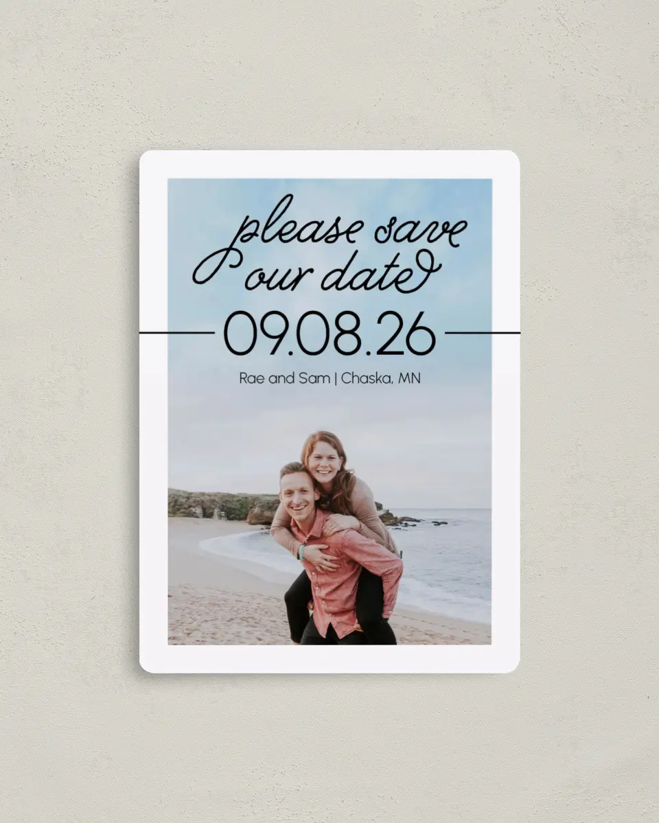 This is a 4" x 5½" Save the Date Magnet called Dreamy Moment printed in full color with a Luxe Satin finish
