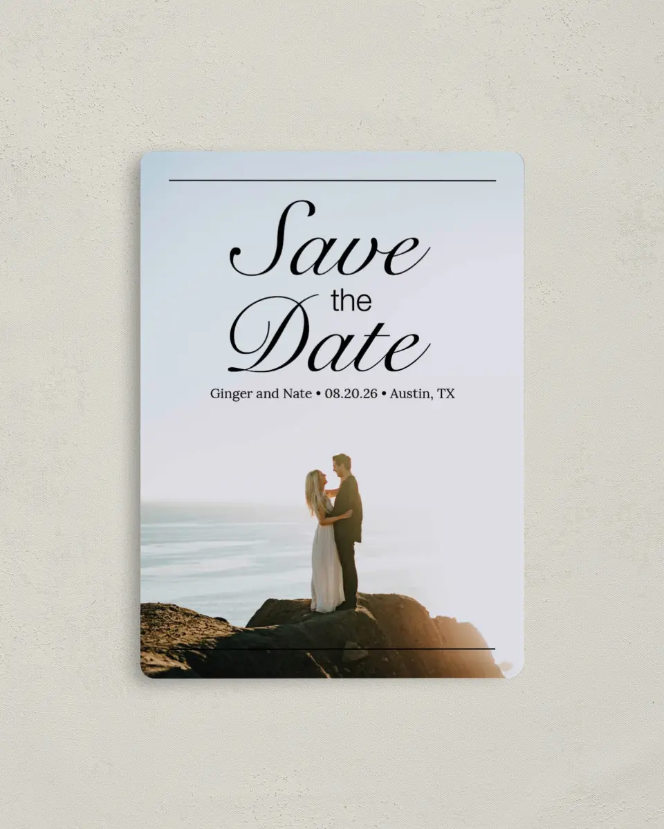 This is a 4" x 5½" Save the Date Magnet called On Top of the World printed in full color with a Luxe Satin finish