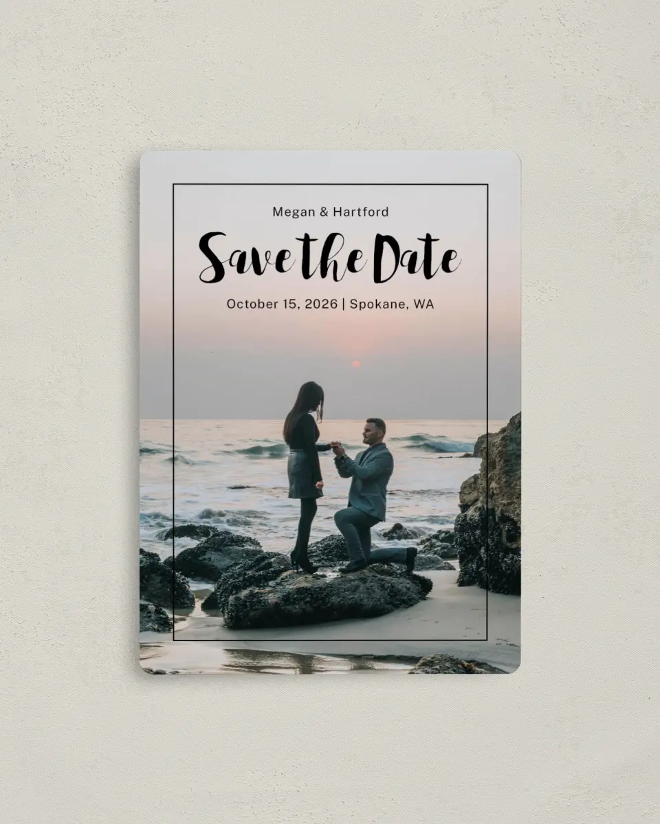This is a 4" x 5½" Save the Date Magnet called Tranquil Moment printed in full color with Rose Gold foil and a Luxe Satin finish
