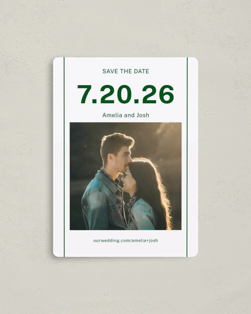 This is a 4" x 5½" Save the Date Magnet called Standout Date printed in full color with a Luxe Satin finish