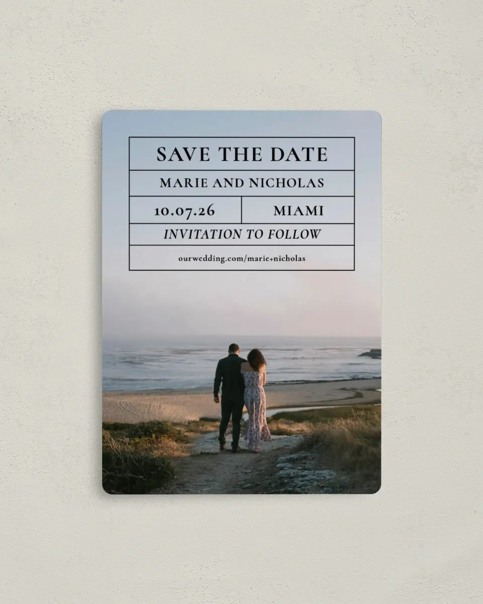 This is a 4" x 5½" Save the Date Magnet called Headliner Love printed in full color with a Luxe Satin finish