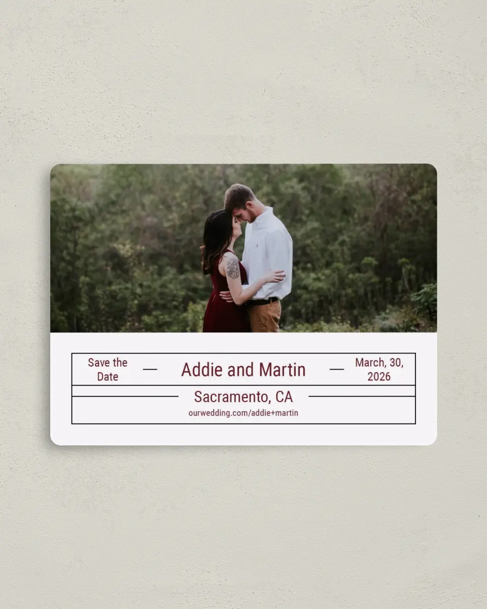 This is a 4" x 5½" Save the Date Magnet called Simply Devoted printed in full color with a Luxe Satin finish