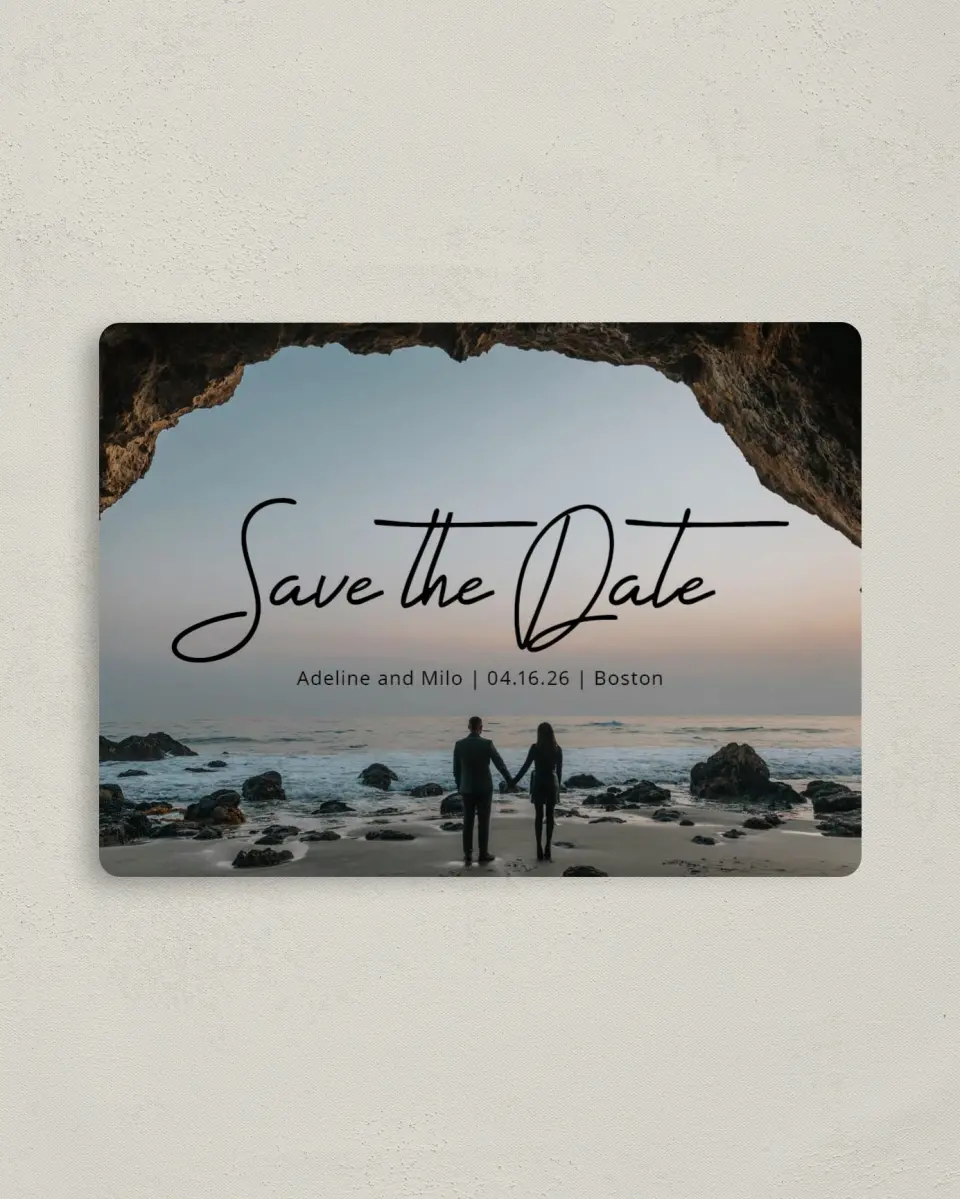 This is a 4" x 5½" Save the Date Magnet called Hidden Cove printed in full color with a Luxe Satin finish